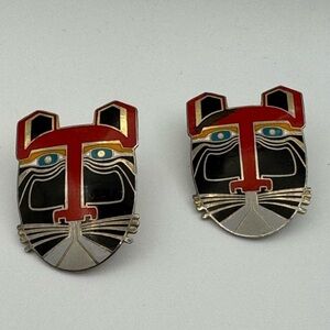 Laurel Burch Vintage Enamel Cat Face Earrings Art to Wear Modernist Lagenlook